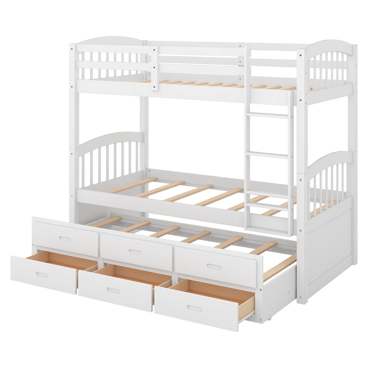 Twin over Twin Wood Bunk Bed with Trundle and Drawers,White - Home Elegance USA