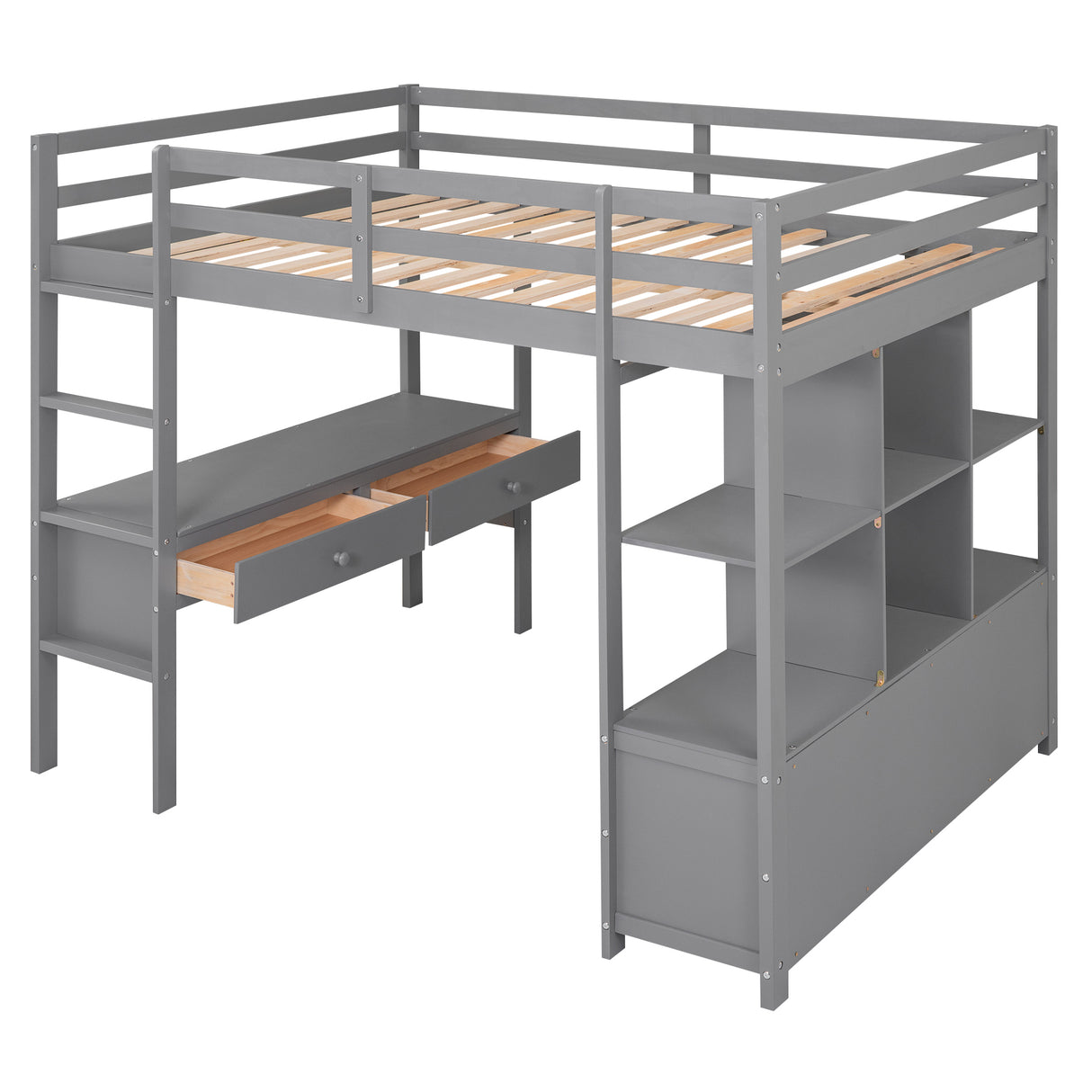 Full Size Loft Bed with Built-in Desk with Two Drawers, and Storage Shelves and Drawers,Gray - Home Elegance USA