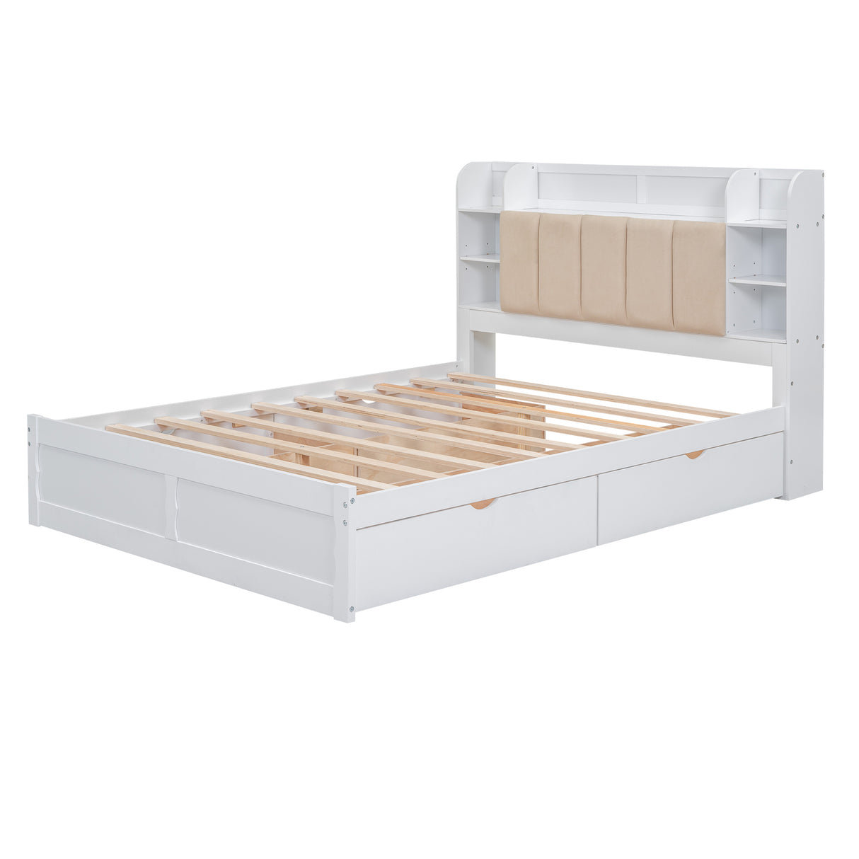 Wood Queen Size Platform Bed with Storage Headboard, Shelves and 4 Drawers, White