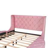 Upholstered Platform Bed Queen Size Storage Velvet Bed with Wingback Headboard and 1 Big Drawer,2 Side Storage Stool(Pink) - Home Elegance USA