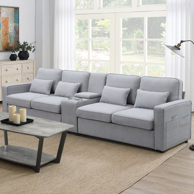 [VIDEO provided] [New] 114.2" Upholstered Sofa with Console, 2 Cupholders and 2 USB Ports Wired or Wirelessly Charged, Modern Linen Fabric Couches with 4 Pillows for Living Room, Apartment (4-Seat) Home Elegance USA