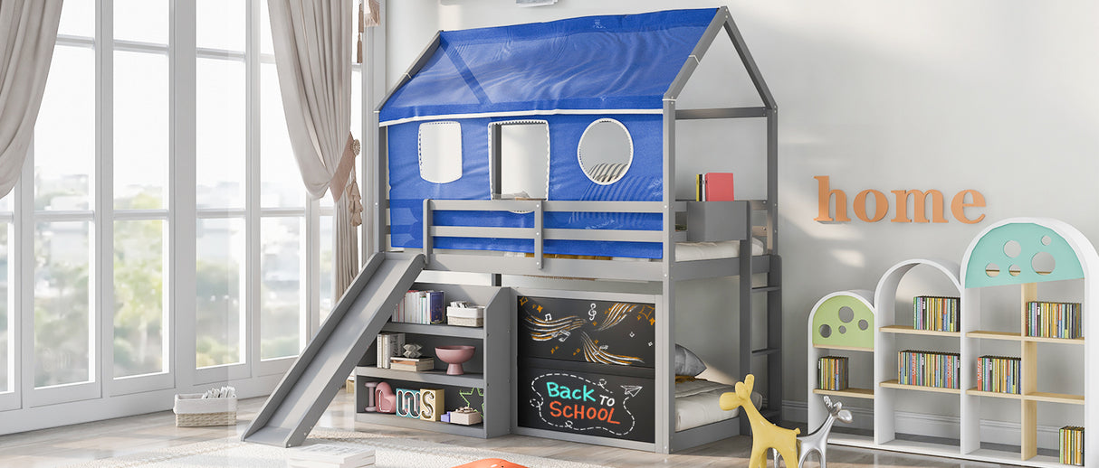 Twin over Twin House Bunk Bed with Blue Tent, Slide, Shelves and Blackboard, Gray - Home Elegance USA