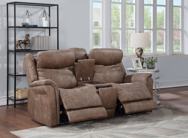 Transitional Console Loveseat - Warm Camel Faux-Suede, Power Footrest, Power Headrest - Concealed Cupholders, Built-In Console Home Elegance USA