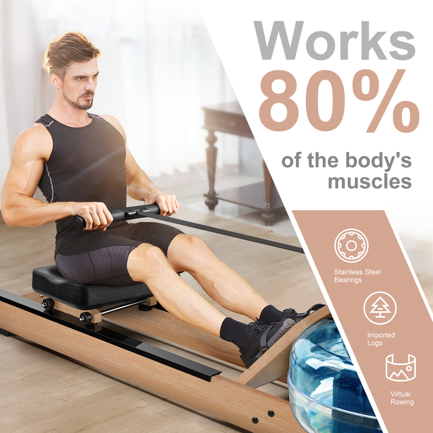 Yellow Water Rowing Machine Indoor Wooden Water Resistance Rowing Machine with LCD Monitor