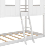 Twin over Twin Size Low Bunk Beds with Roof and Fence-shaped Guardrail, White - Home Elegance USA