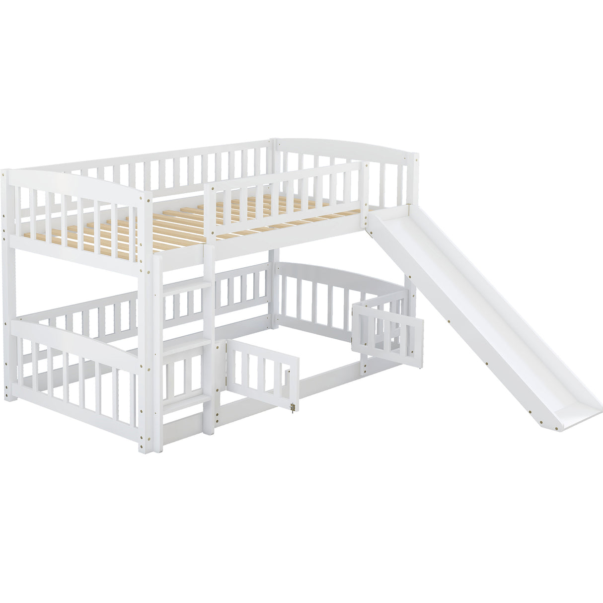 Bunk Bed with Slide,Twin Over Twin Low Bunk Bed with Fence and Ladder for Toddler Kids Teens White - Home Elegance USA