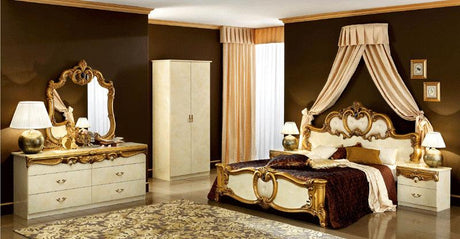 Barocco Queen Panel Bed In Ivory - Gold - Baroccobedq.S.Gold - I | ESF | Home Elegance USA
