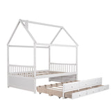 Full size Wooden House Bed with Trundle and 3 Storage Drawers-White - Home Elegance USA