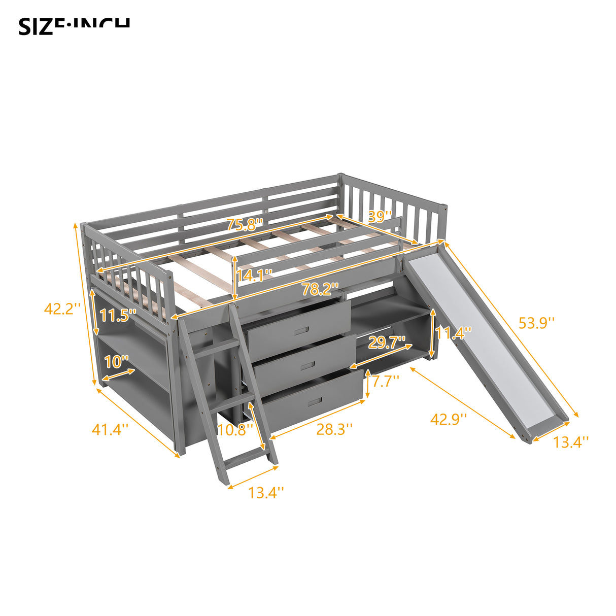 Low Loft Bed with Attached Bookcases and Separate 3-tier Drawers,Convertible Ladder and Slide,Twin,Gray - Home Elegance USA