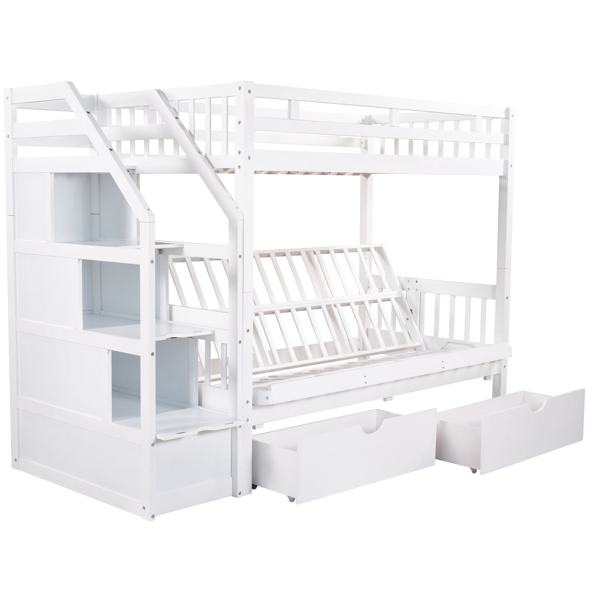 Twin over Full Bunk Bed with Two Drawers and Staircase, Down Bed can be Converted into Daybed,White Home Elegance USA