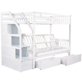 Twin over Full Bunk Bed with Two Drawers and Staircase, Down Bed can be Converted into Daybed,White - Home Elegance USA