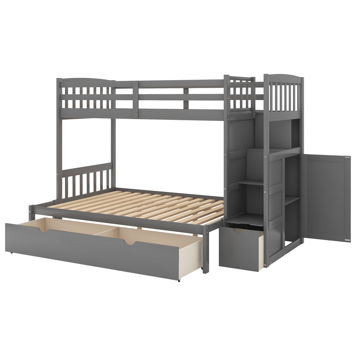 Twin over Full/Twin Bunk Bed, Convertible Bottom Bed, Storage Shelves and Drawers, Gray - Home Elegance USA