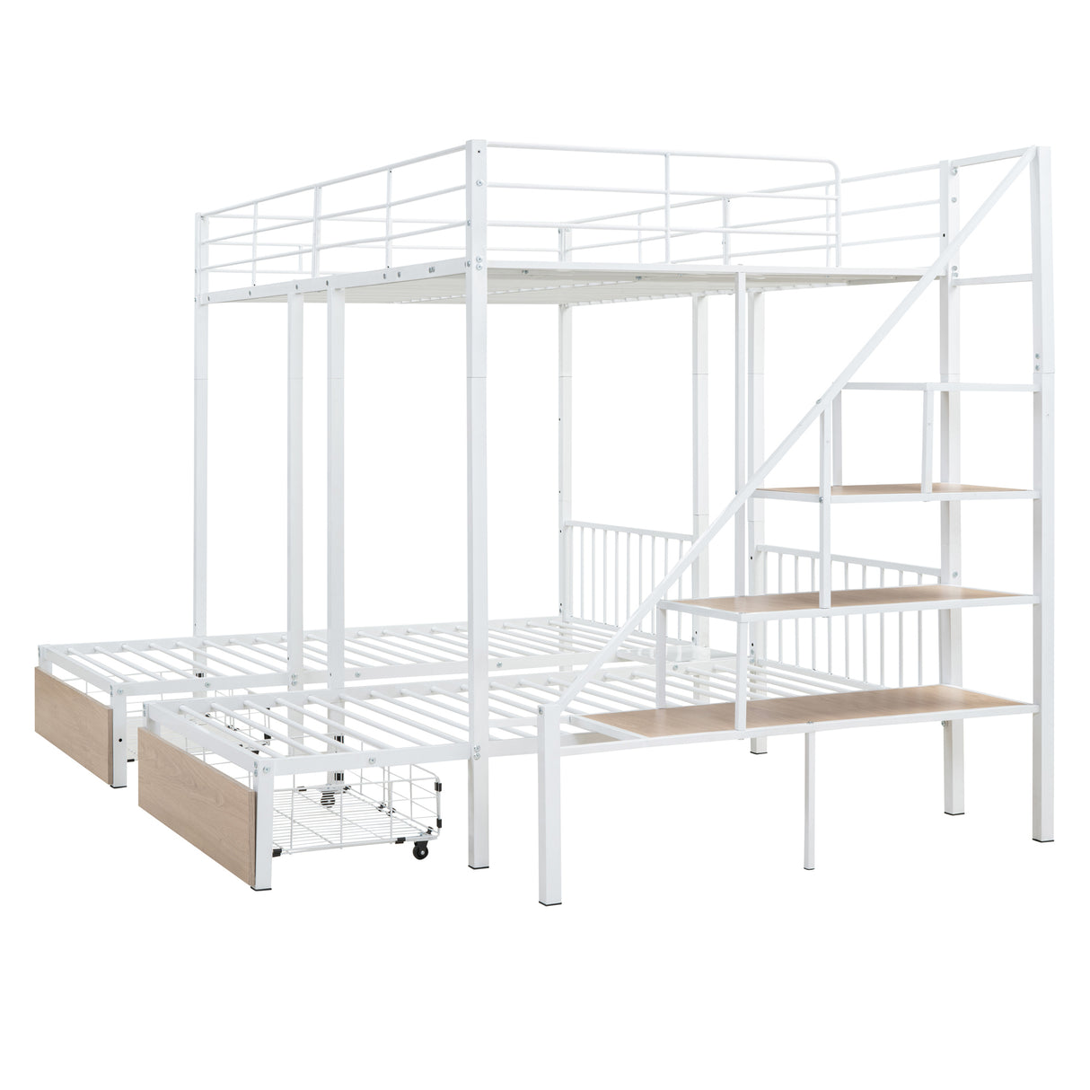 Full over Twin-Twin Triple bunk bed with drawers and staircase, White