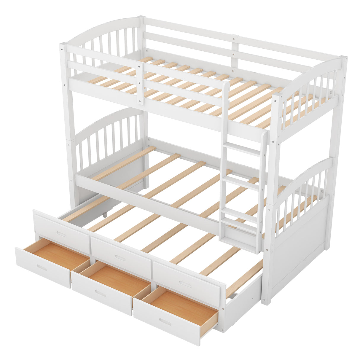 Twin over Twin Wood Bunk Bed with Trundle and Drawers,White - Home Elegance USA