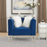 Sofa Chair with Mirrored Side Trim with Faux Diamonds and Stainless Steel Legs, Six White Villose Pillow, Blue (36.5”Lx32.75”Wx29.5”H) Home Elegance USA