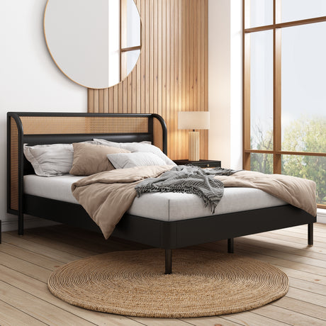 Modern Cannage Rattan Wood Platform Queen Bed, Black Home Elegance USA