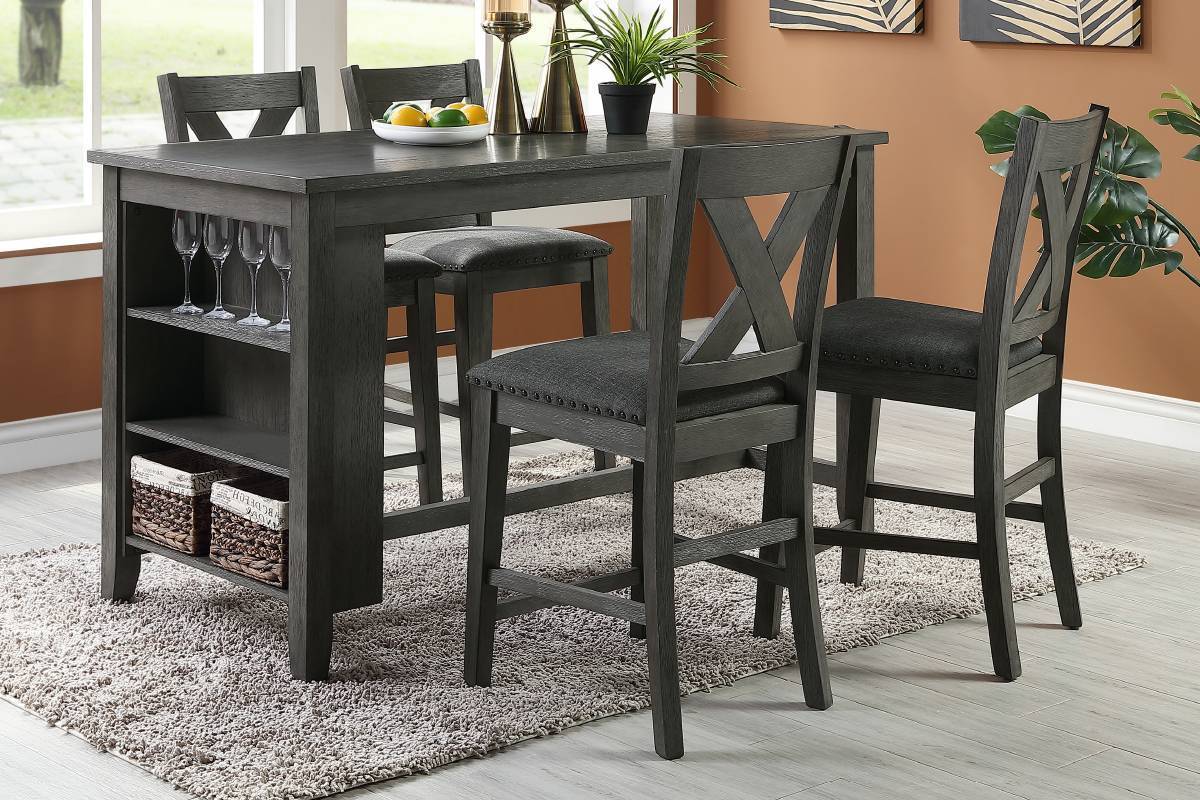 Modern Dark Brown Finish 5pc Counter Height High Dining Table w Storage Shelves 4x High Chairs Wooden Kitchen Breakfast Table Dining Room Furniture - Home Elegance USA