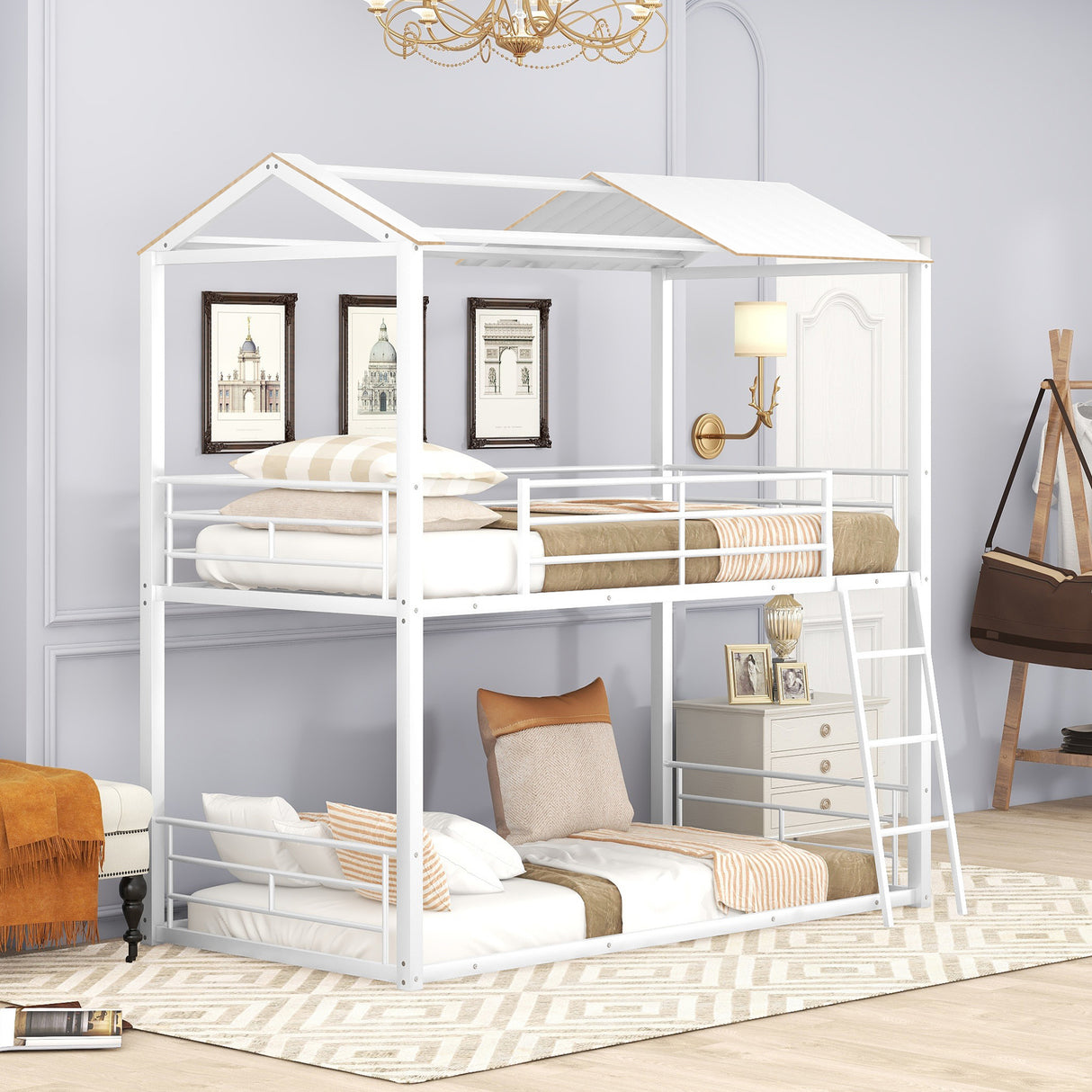 Twin Over Twin Bunk Bed Metal Bed with Half Roof, Guardrail and Ladder White - Home Elegance USA