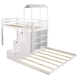 Twin over Full House Roof Bunk Bed with Staircase and Shelves, White - Home Elegance USA