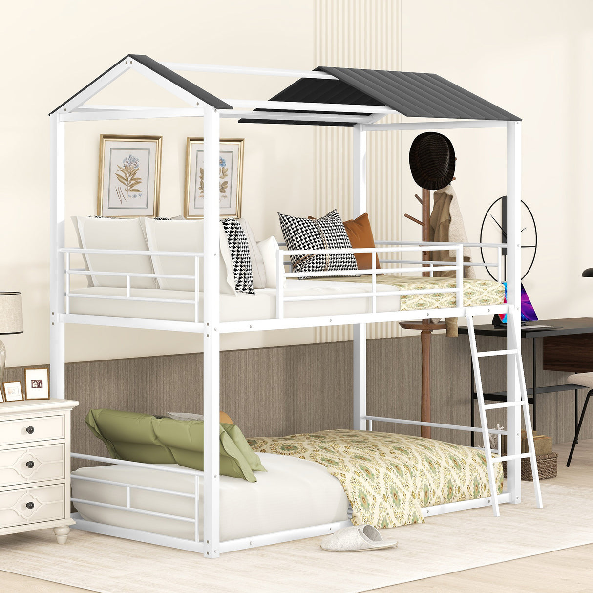 Twin Over Twin Bunk Bed Metal Bed with Half Roof, Guardrail and Ladder White - Home Elegance USA