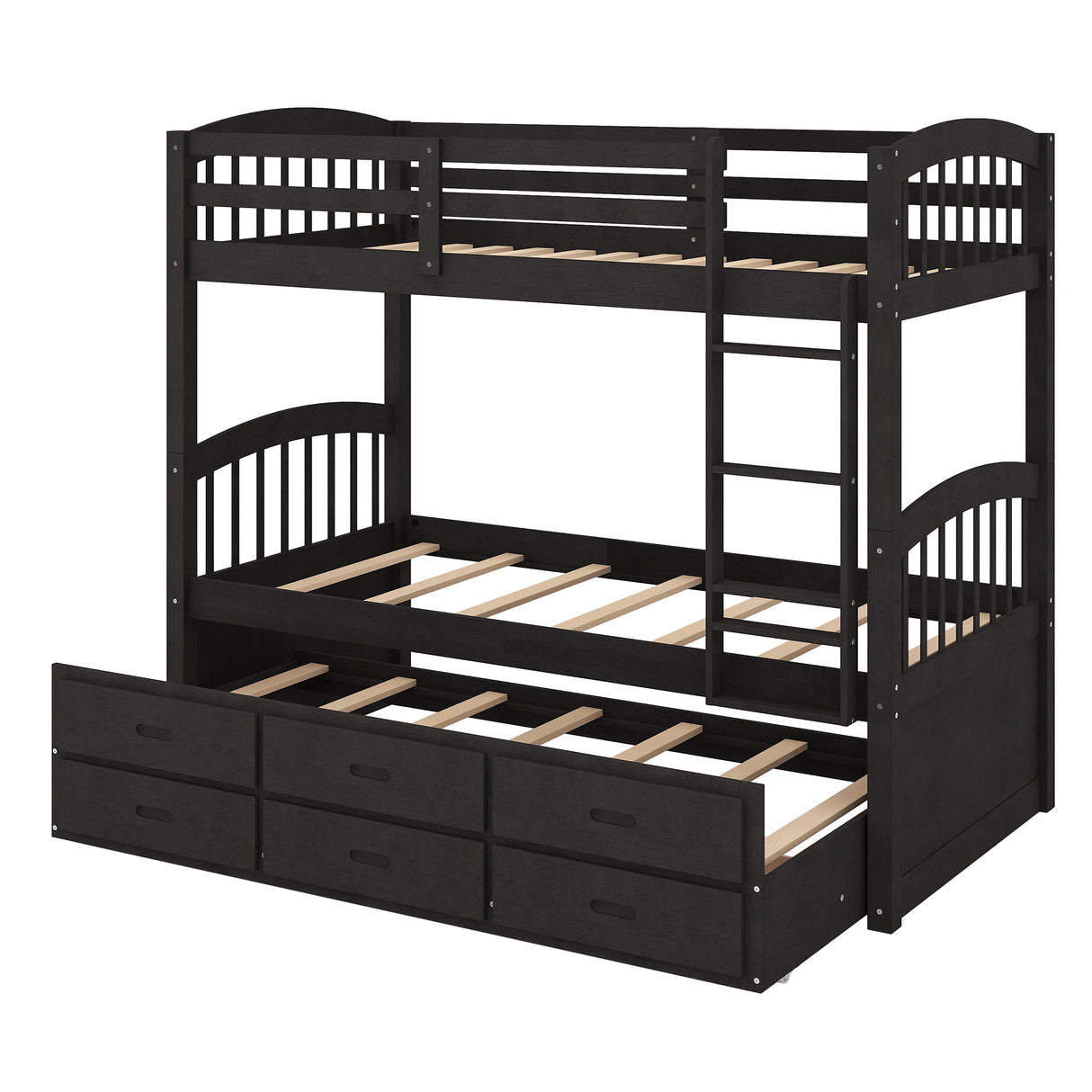 Twin over Twin Wood Bunk Bed with Trundle and Drawers, Espresso - Home Elegance USA