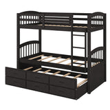 Twin over Twin Wood Bunk Bed with Trundle and Drawers, Espresso - Home Elegance USA