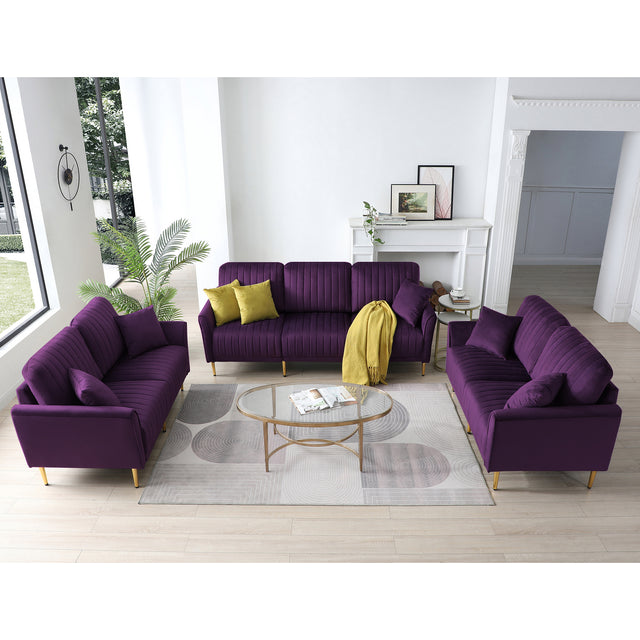 3 - Piece Sectional Sofa Set, Modern Velvet Upholstered Sofa Couch with Sturdy Metel Legs for Living Room, Apartment, 3 - Seater Sofa + 2 Piece Loveseat Sofa, Purple | Home Elegance USA