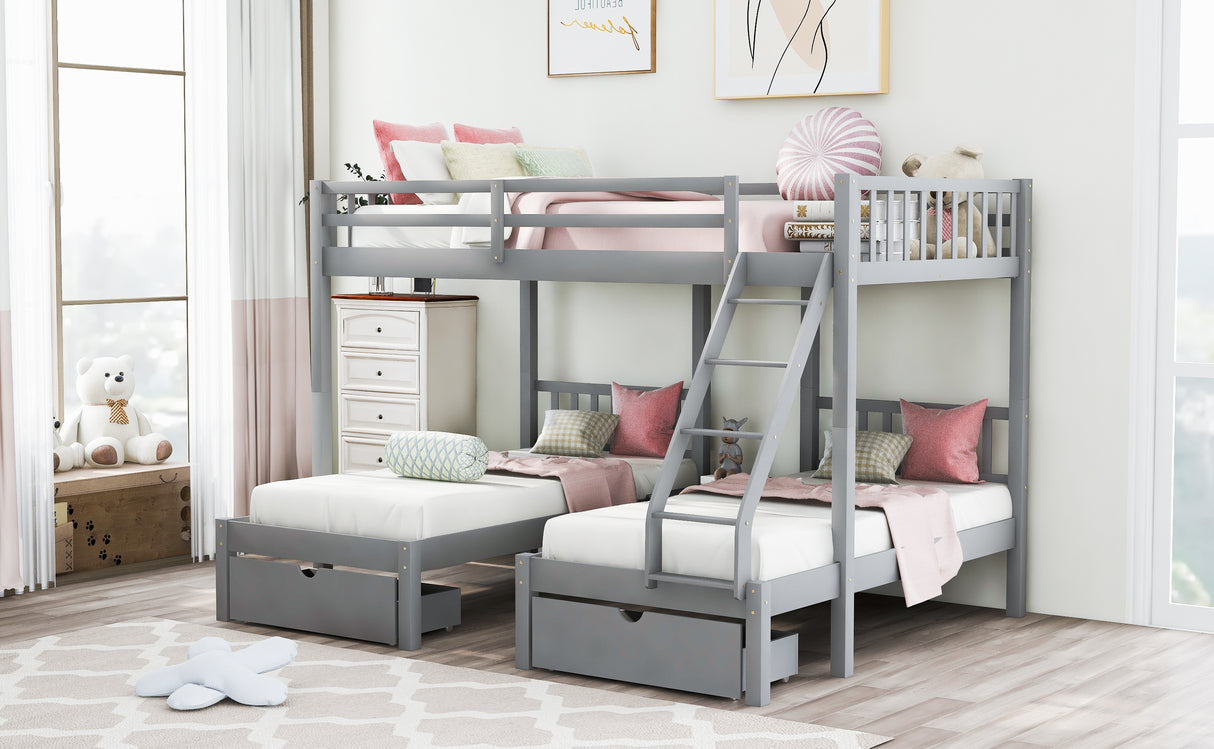 Full Over Twin & Twin Bunk Bed, Wood Triple Bunk Bed with Drawers and Guardrails, Gray (OLD SKU: LP000143AAE) - Home Elegance USA