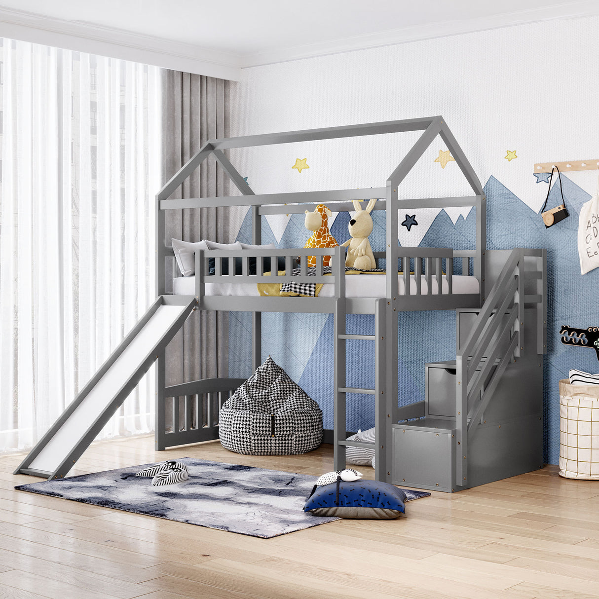 Twin Loft Bed with Two Drawers and Slide, House Bed with Slide,Gray (OLD SKU:LP000030AAE) - Home Elegance USA