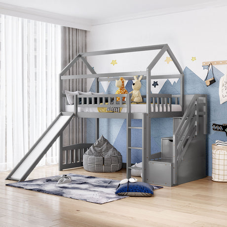 Twin Loft Bed with Two Drawers and Slide, House Bed with Slide,Gray (OLD SKU:LP000030AAE) - Home Elegance USA