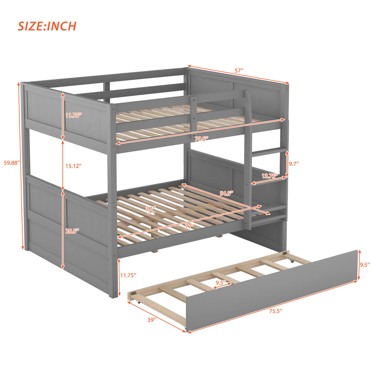 Full Over Full Bunk Bed with Twin Size Trundle, Gray ( old sku: LP000250AAE ) - Home Elegance USA