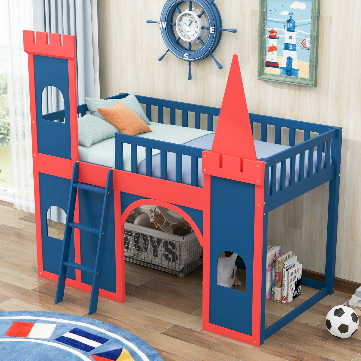 Twin Size Castle Shaped Loft Bed with Underbed Storage Space,Red - Home Elegance USA