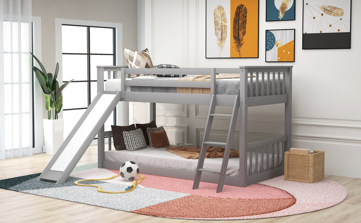 Twin over Twin Bunk Bed with Convertible Slide and Ladder, Gray - Home Elegance USA