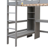 Full Size Loft Bed with Multifunction Shelves and Under-bed Desk, Gray - Home Elegance USA