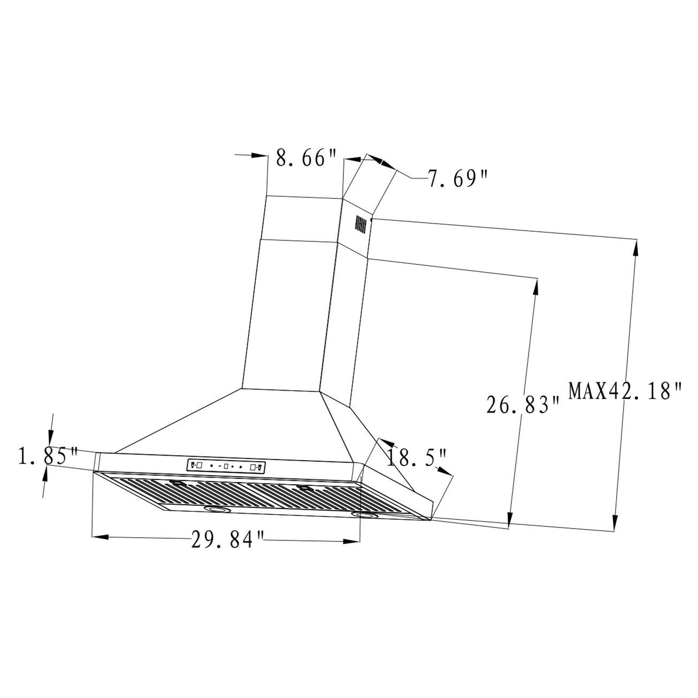 30 inch Wall Mounted Stainless Steel Range Hood with One Motor, LED Screen Finger Touch Control