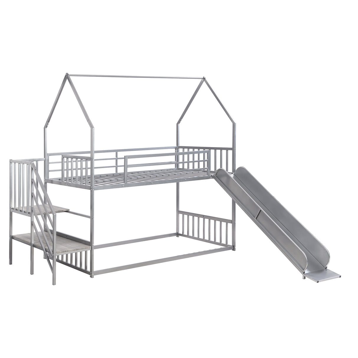 Twin over Twin Metal Bunk Bed House Bed with Slide and Staircase, Silver - Home Elegance USA