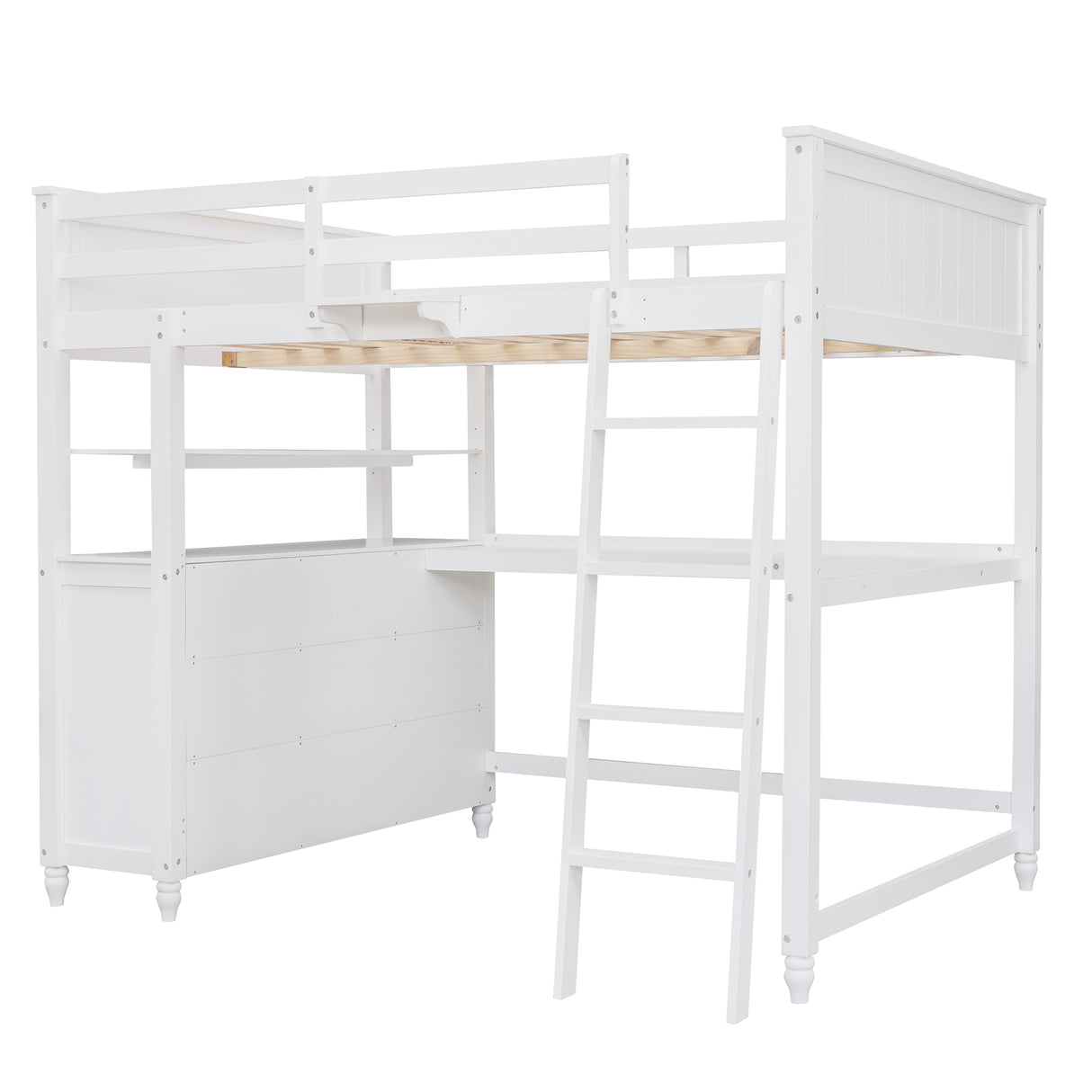 Full size Loft Bed with Drawers and Desk, Wooden Loft Bed with Shelves - White(OLD SKU:LT000529AAK) Home Elegance USA