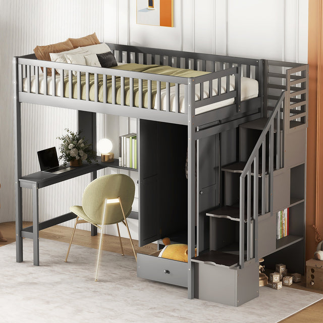 Twin size Loft Bed with Bookshelf,Drawers,Desk,and Wardrobe-Gray - Home Elegance USA