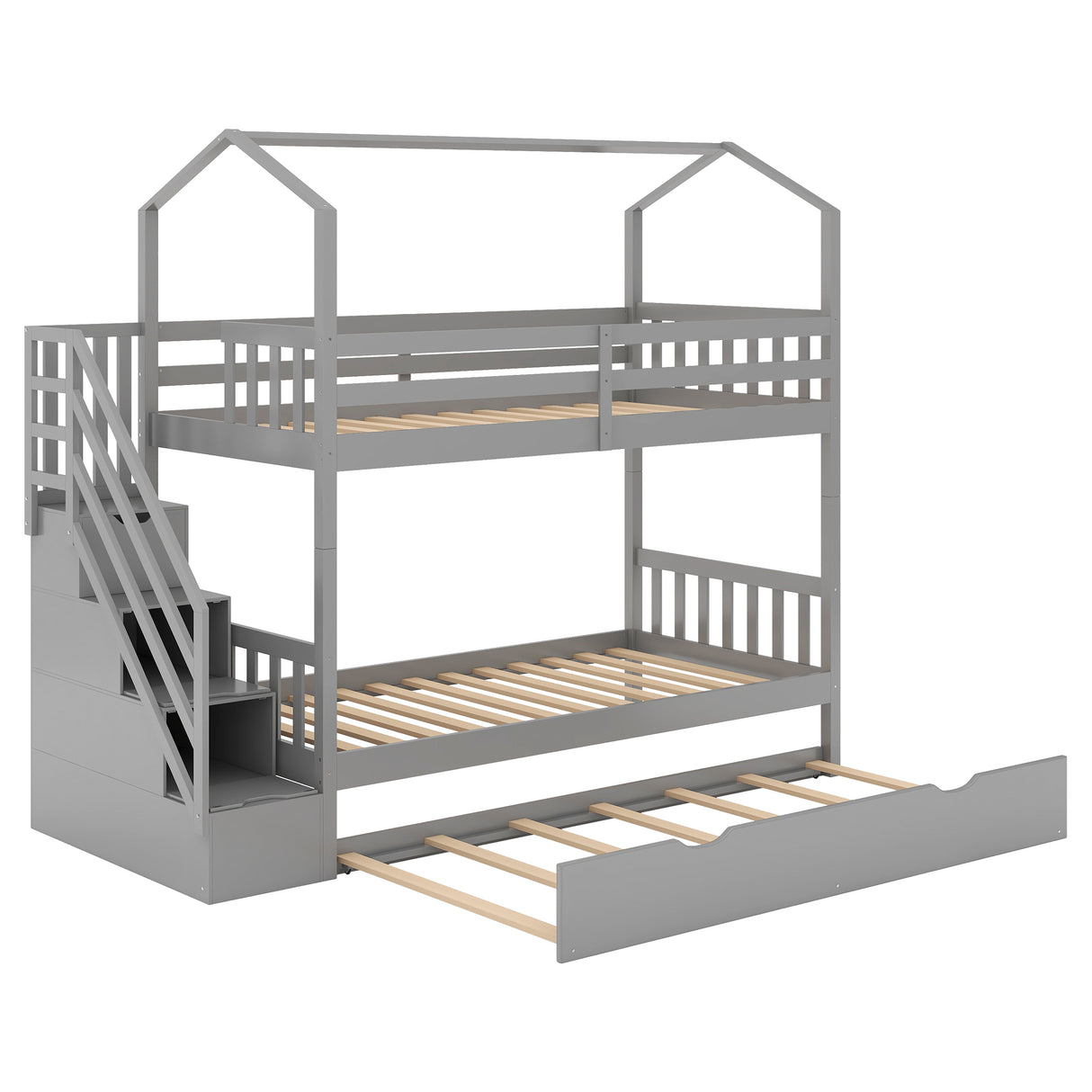 Multifunctional Twin over Twin House Bunk Bed with Staircase and Storage Space,Gray - Home Elegance USA