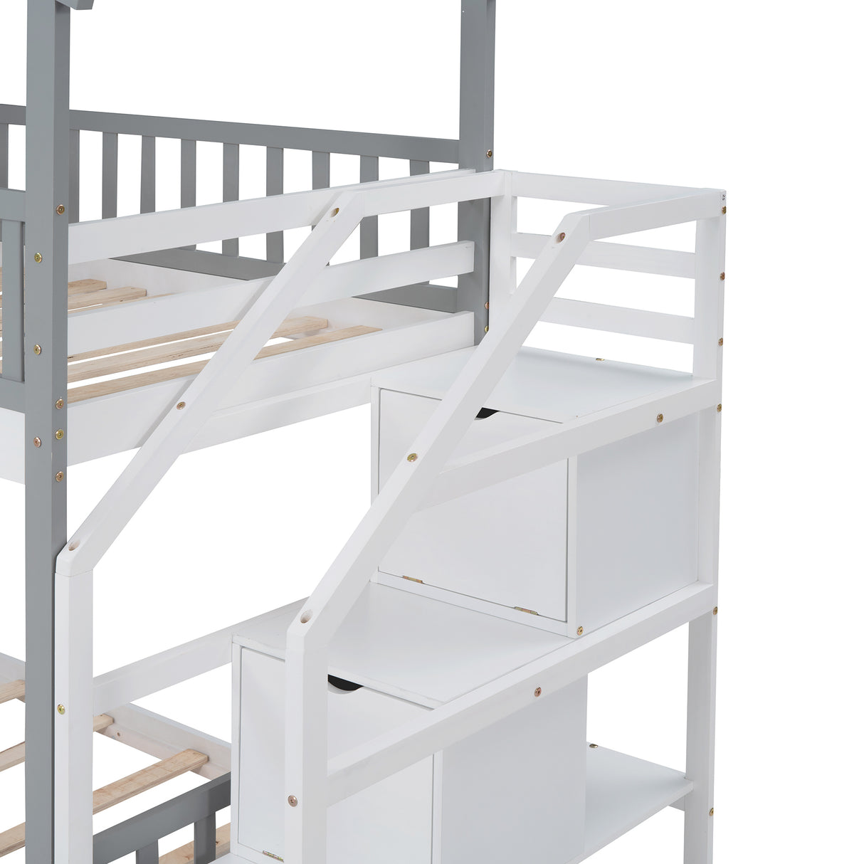 Stairway Twin-Over-Twin Bunk Bed,House Bed,Storage and Guard Rail,Gray Bed +White Stair - Home Elegance USA