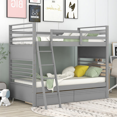 Twin over Twin Wood Bunk Bed with Two Drawers - Gray - Home Elegance USA