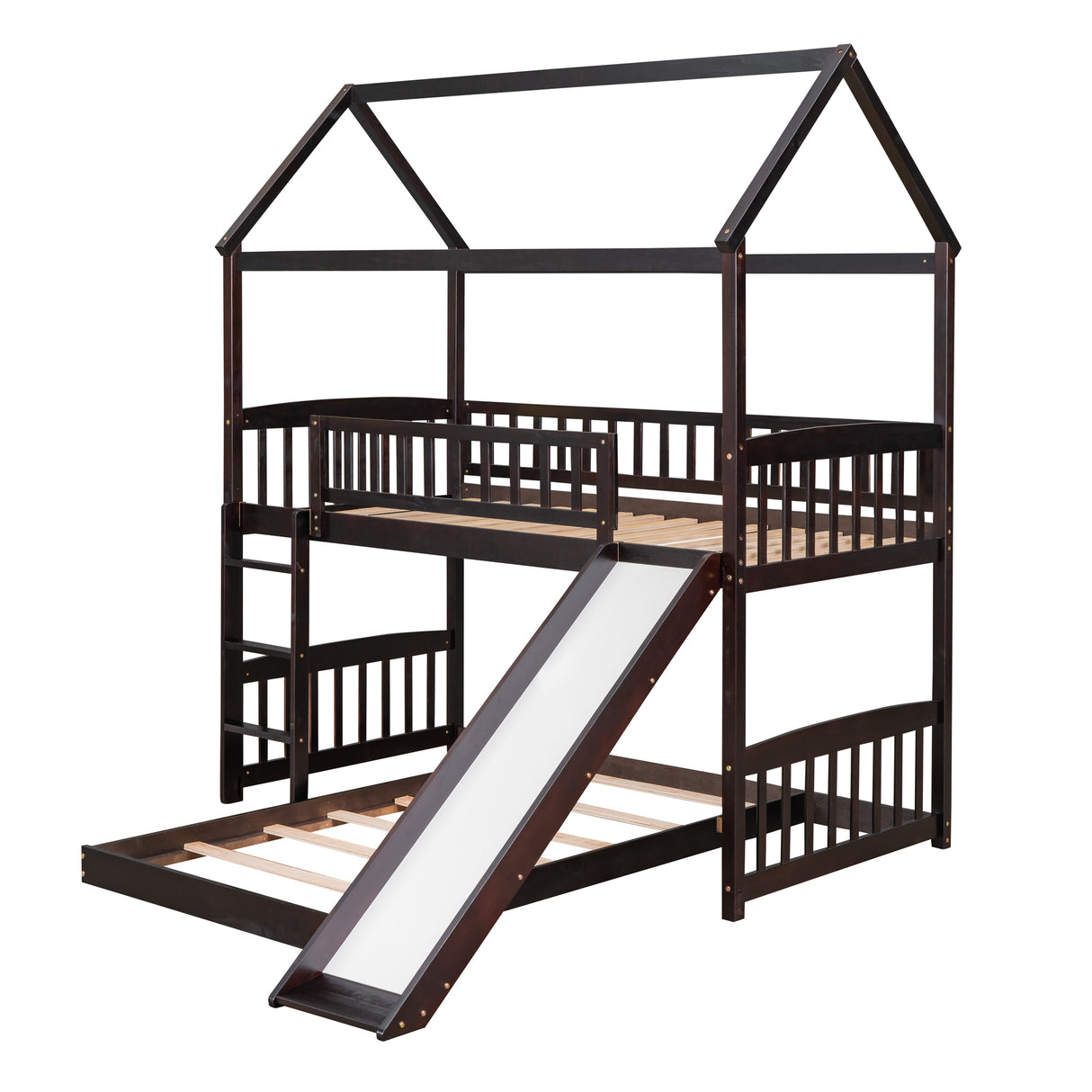 Twin Over Twin Bunk Bed with Slide, House Bed with Slide, Espresso(OLD SKU: LT000214AAP) - Home Elegance USA