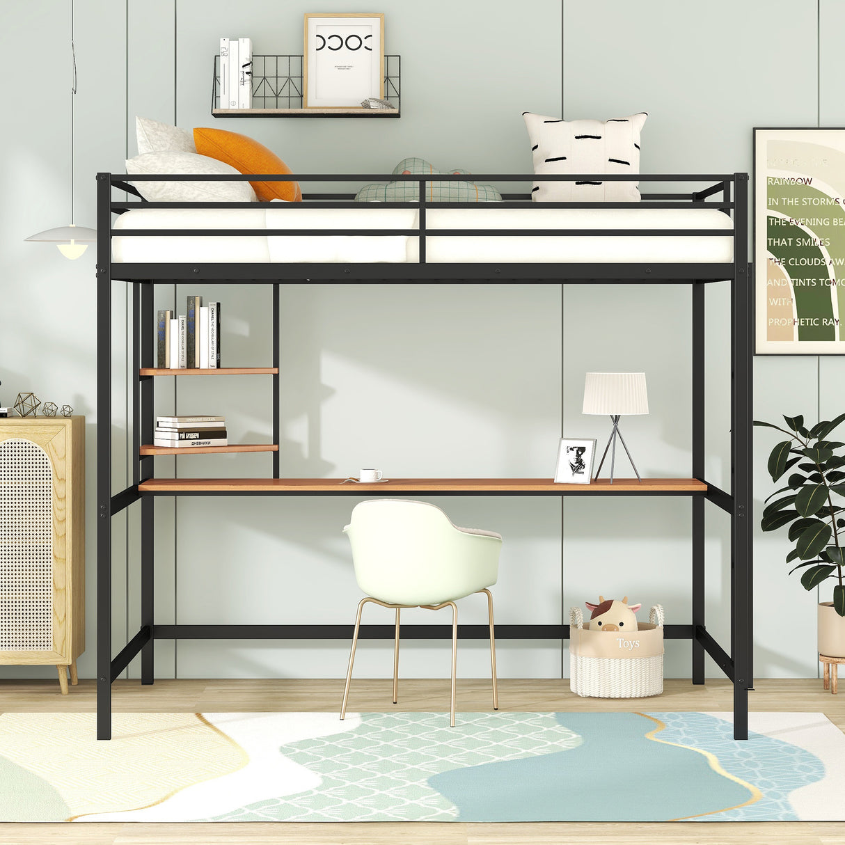 Full Metal Loft Bed with Desk and Shelve, Black - Home Elegance USA