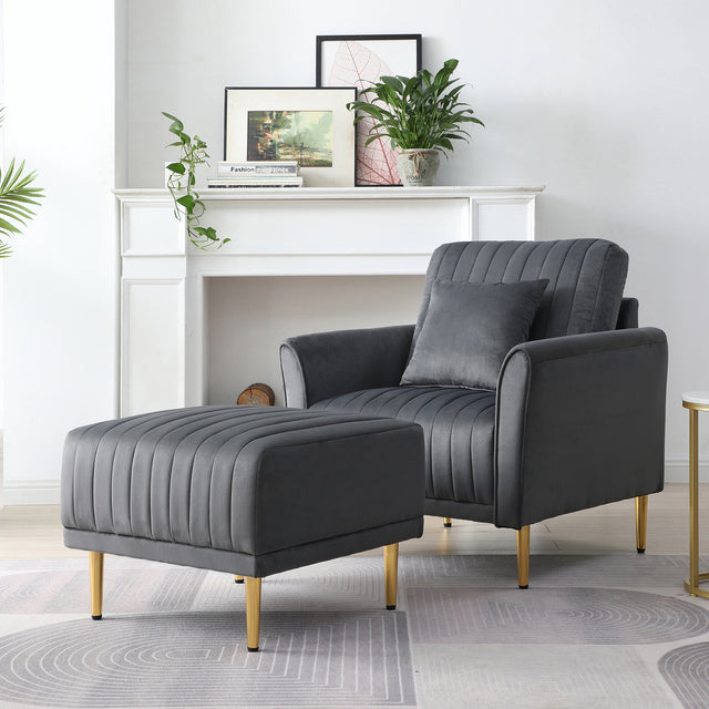 Accent Arm Chair With Ottoman Set, Modern Home Leisure Chair with Footrest, Armchair Single Sofa, Reading Chair with Metal Legs for Living Room Bedroom Grey Velvet Home Elegance USA