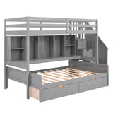 Twin XL over Full Bunk Bed with Built-in Storage Shelves, Drawers and Staircase,Gray - Home Elegance USA