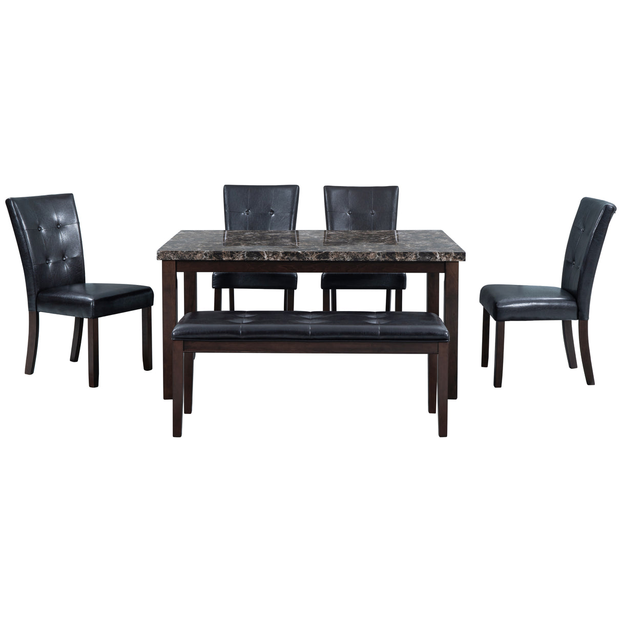 6-piece Faux Marble Dining Table Set  with one Faux Marble Dining Table ,4 Chairs and 1 Bench, Table: 66”x38”x 30”,Chair: 20.2”x28.5”x39”, Black - Home Elegance USA