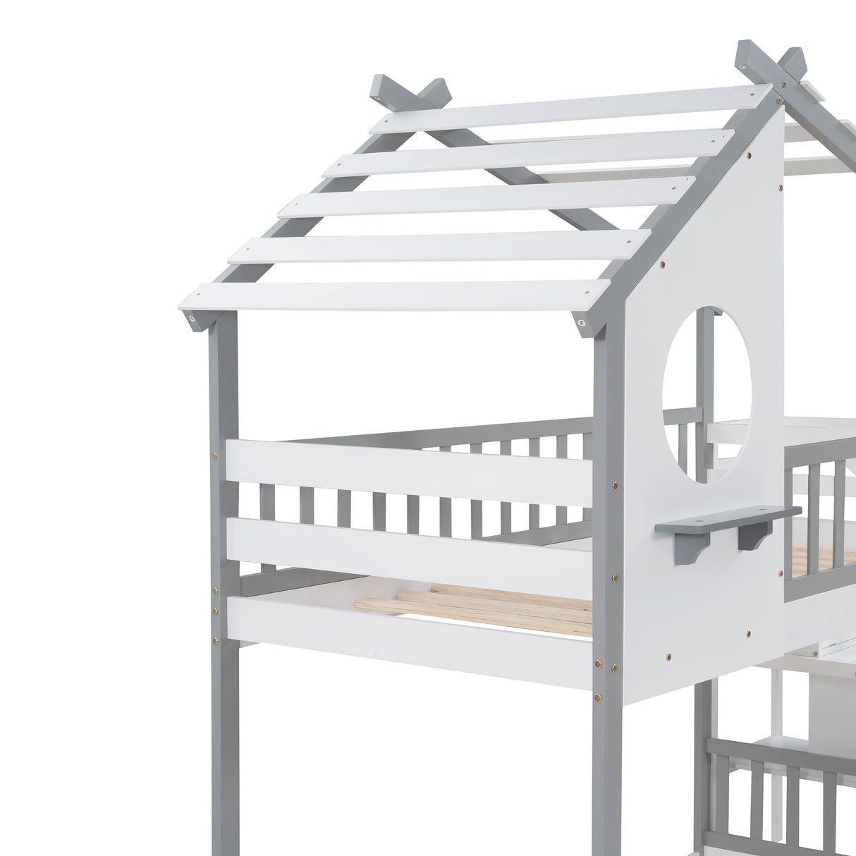 Stairway Twin-Over-Twin Bunk Bed,House Bed,Storage and Guard Rail,Gray Bed +White Stair - Home Elegance USA