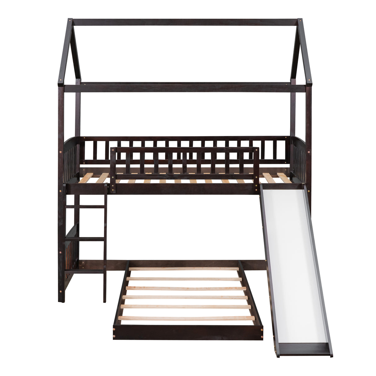 Twin Over Twin Bunk Bed with Slide, House Bed with Slide, Espresso(OLD SKU: LT000214AAP) - Home Elegance USA