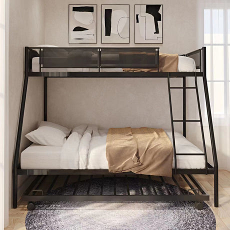 Twin over Full Metal Bunk Bed with Trundle (Wood Slat and Textilene Guardrail) - Home Elegance USA