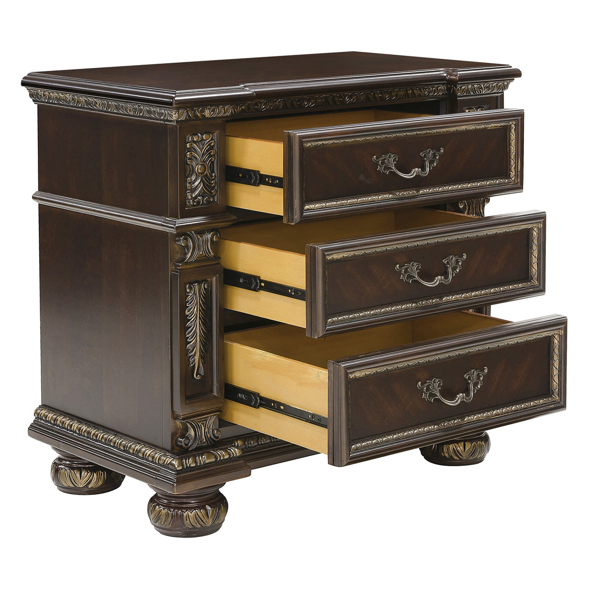 Traditional Design Dark Cherry Finish with Gold Tipping 1pc Nightstand of 3x Drawers Formal Style Bedroom Furniture - Home Elegance USA